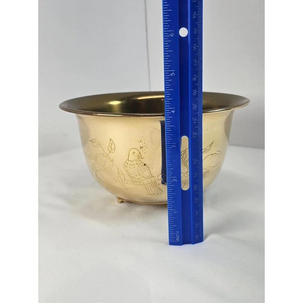 Vintage Brass Bowl Etched Bird Fruit Footed Planter Cachepot Hong Kong 7in Decor